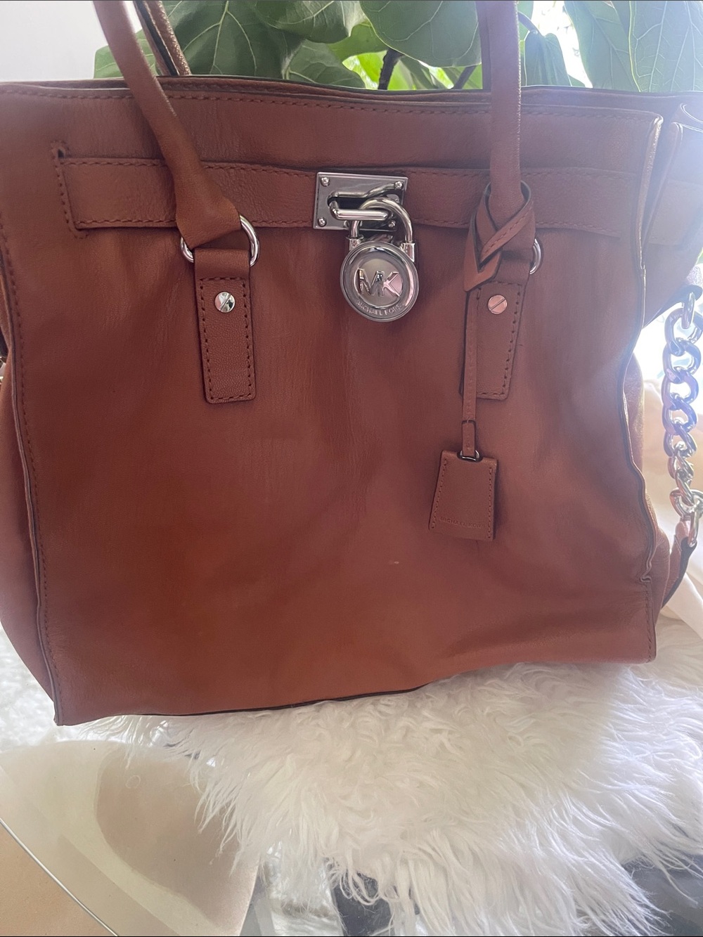Michael Kors Cognac Leather Tote with Signature Lock Charm